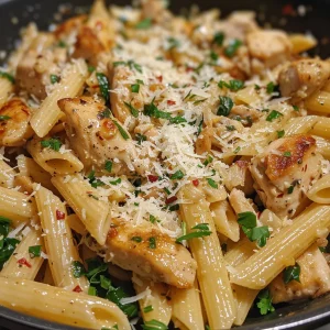 Close-up of a bowl of Healthy Garlic Parmesan Chicken Pasta with spinach and grated cheese.