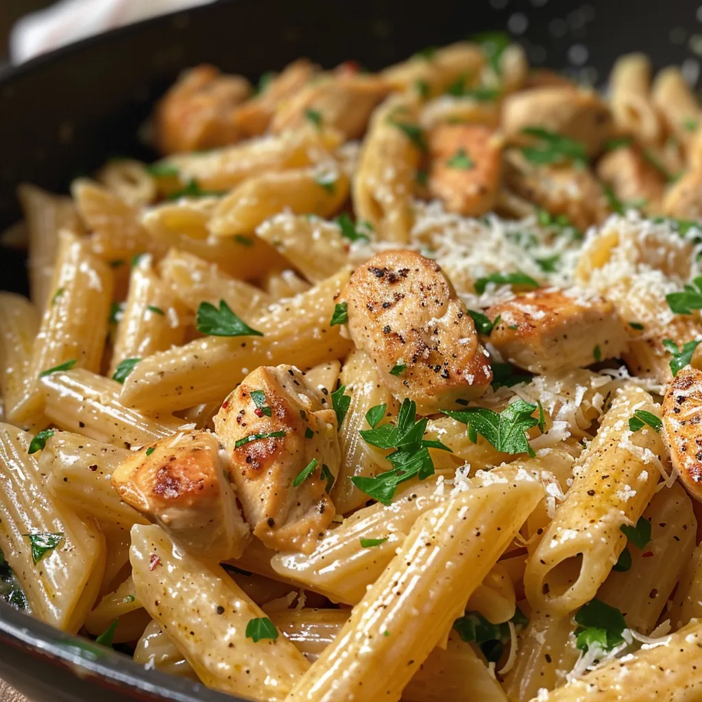 Side view of a delicious serving of Garlic Parmesan Chicken Pasta topped with fresh parsley.