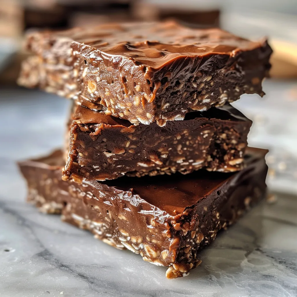 Healthy no-bake chocolate protein bars featuring a shiny glaze and sprinkled oats on top.