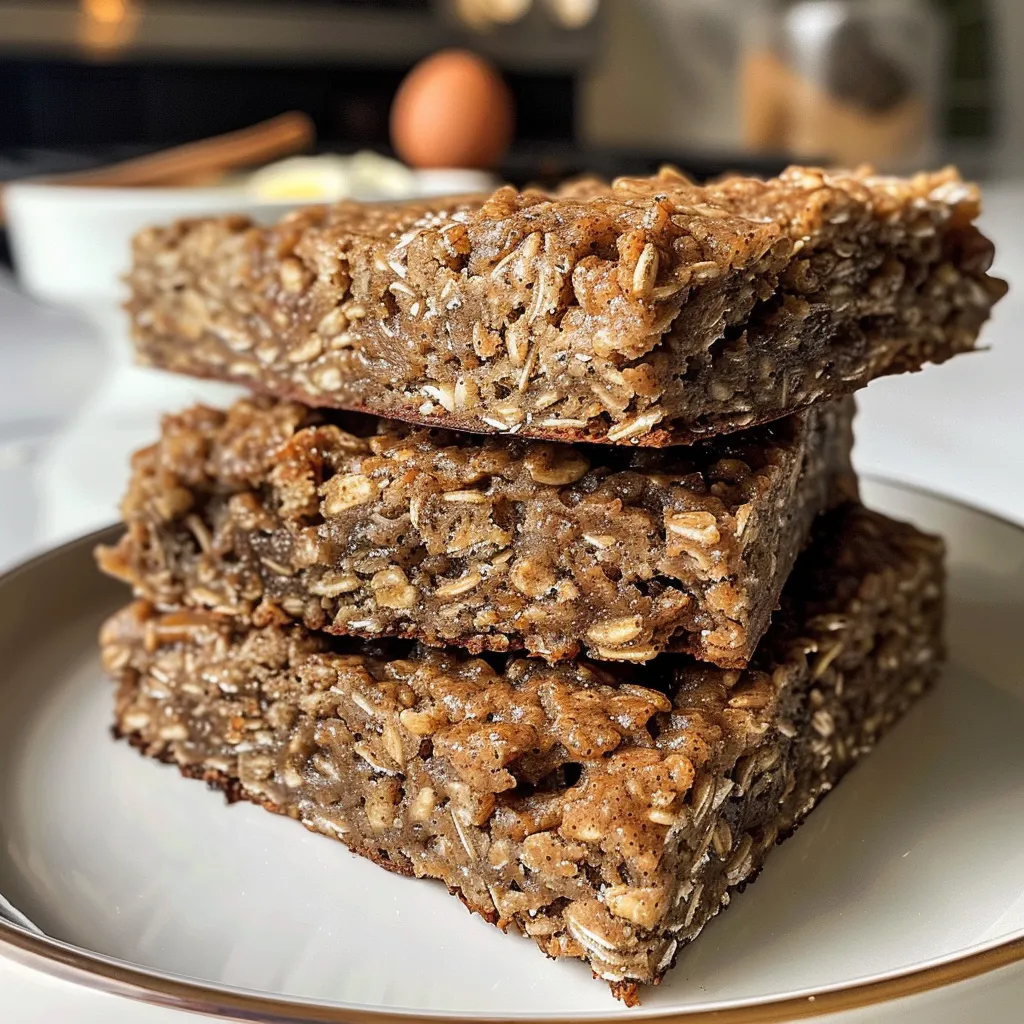 Close-up of a stack of healthy oatmeal breakfast bars with a rustic appearance.