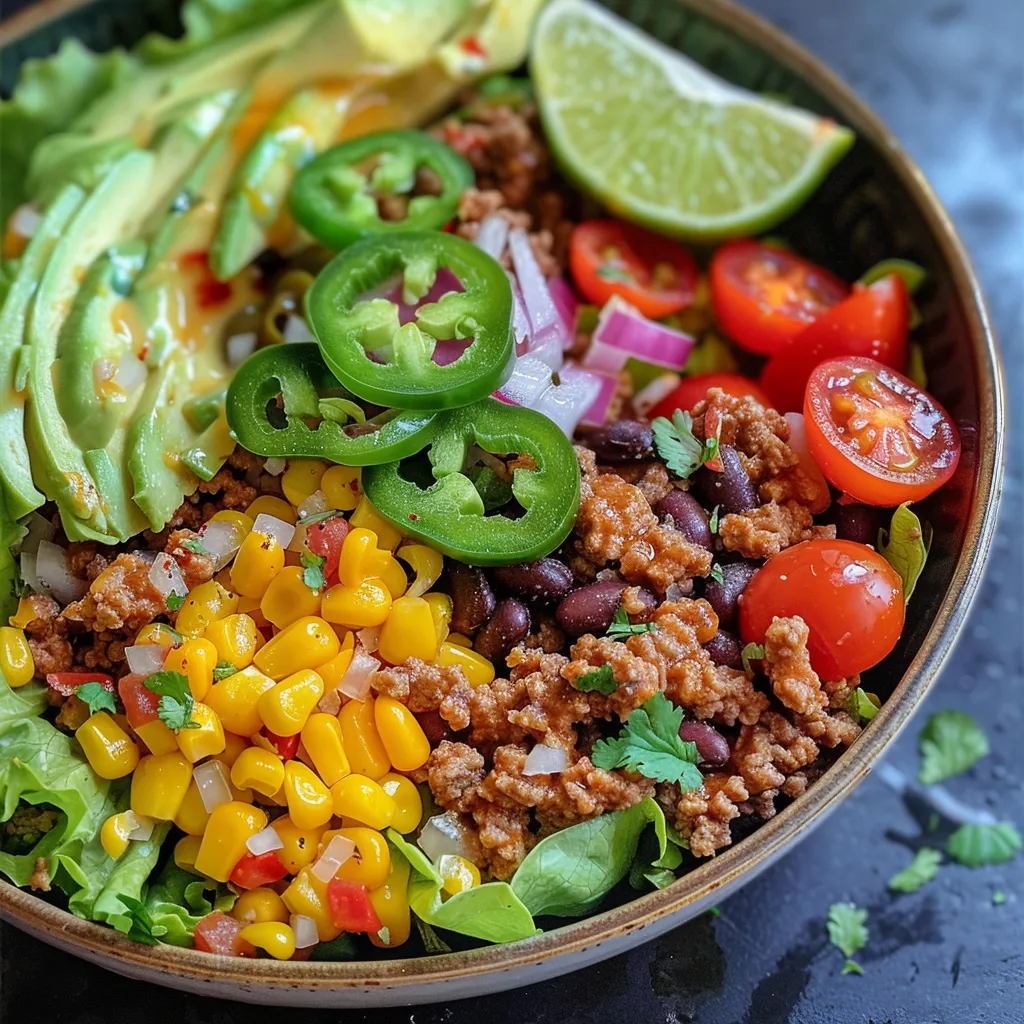 A close-up side view of a healthy taco salad bowl filled with ground beef, chicken, and fresh vegetables.