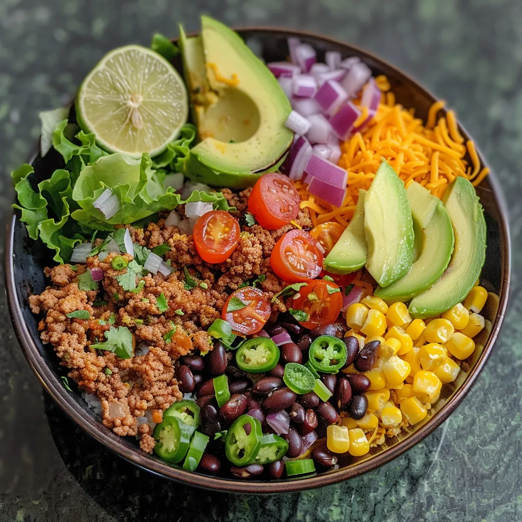Colorful taco salad bowl featuring diced chicken, ground beef, lettuce, and vibrant toppings.