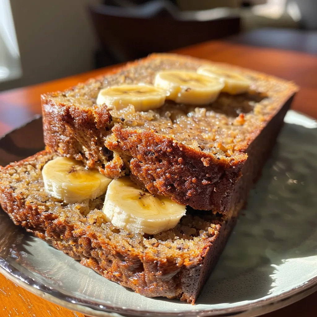 Side perspective of a loaf of high protein banana bread, highlighting its rich, inviting color.