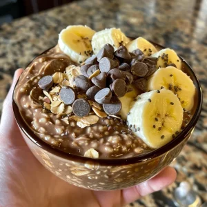 High-protein chocolate banana overnight oats in a clear glass jar, showcasing layers.