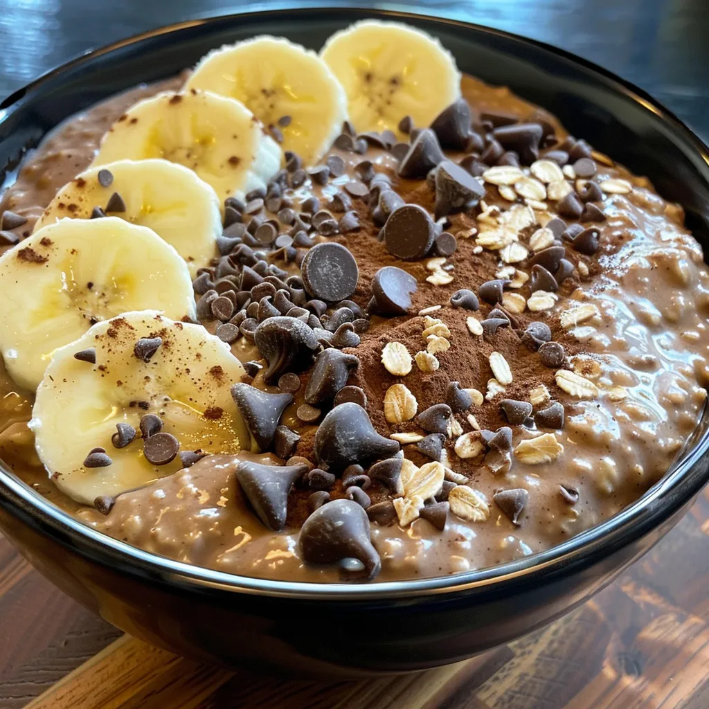 Delicious chocolate banana overnight oats with chia seeds and chocolate chips.