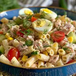 Side view of a hearty tuna pasta salad with cottage cheese and various colorful ingredients.