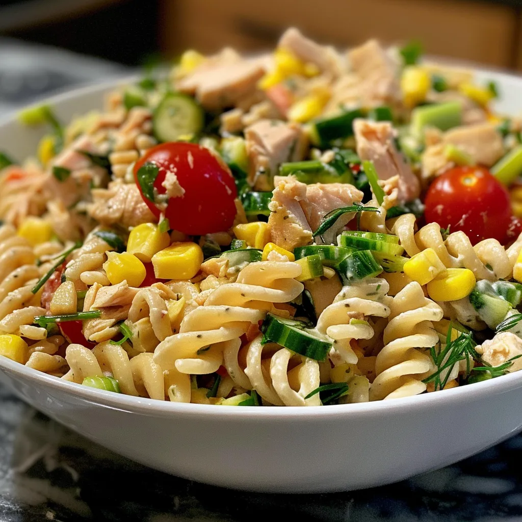 Detailed shot of a protein-rich tuna pasta salad, highlighting beans, eggs, and fresh greens.