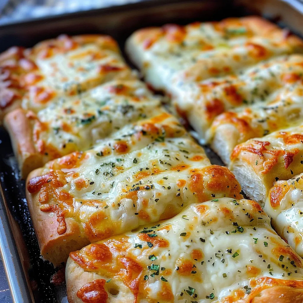 Side view of warm cheesy breadsticks with herbs, ready to be dipped in ranch dressing.