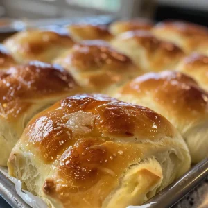 Side view of warm, pillowy dinner rolls on a rustic wooden table.