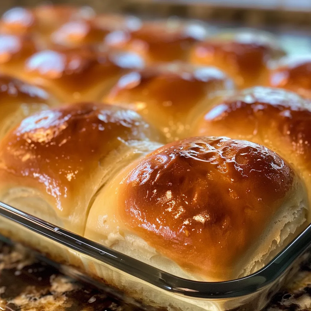 Juicy homemade dinner rolls with a glossy melted butter topping.