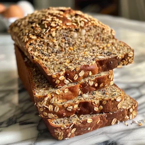 Juicy homemade multigrain bread with a shiny crust, topped with oats and seeds.
