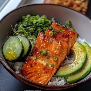 Close-up view of a homemade salmon bowl with coconut rice and fresh vegetables.