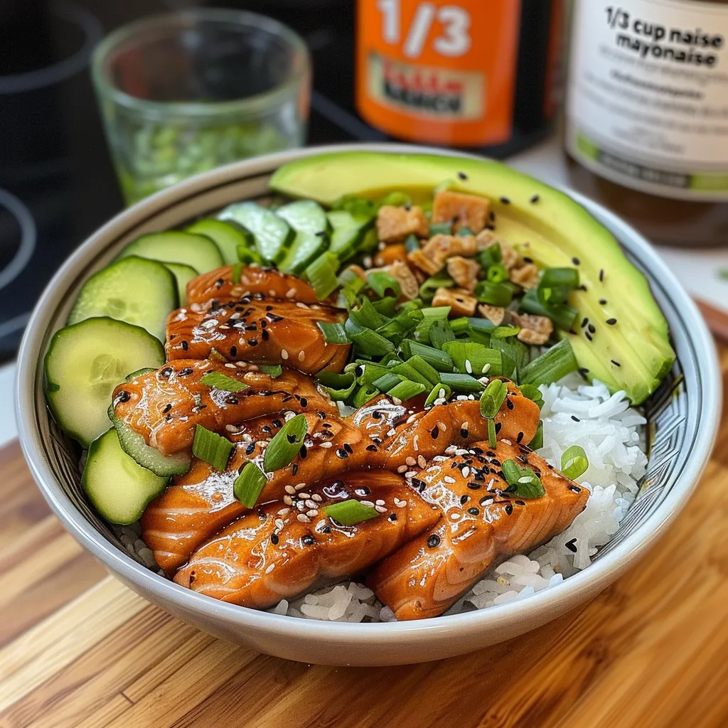 Juicy salmon bowl with coconut rice, cucumbers, and avocado, captured in a side view.