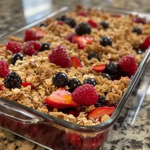 Juicy Honey Berry Crumble captured from the side, displaying a golden crust and mixed berries.
