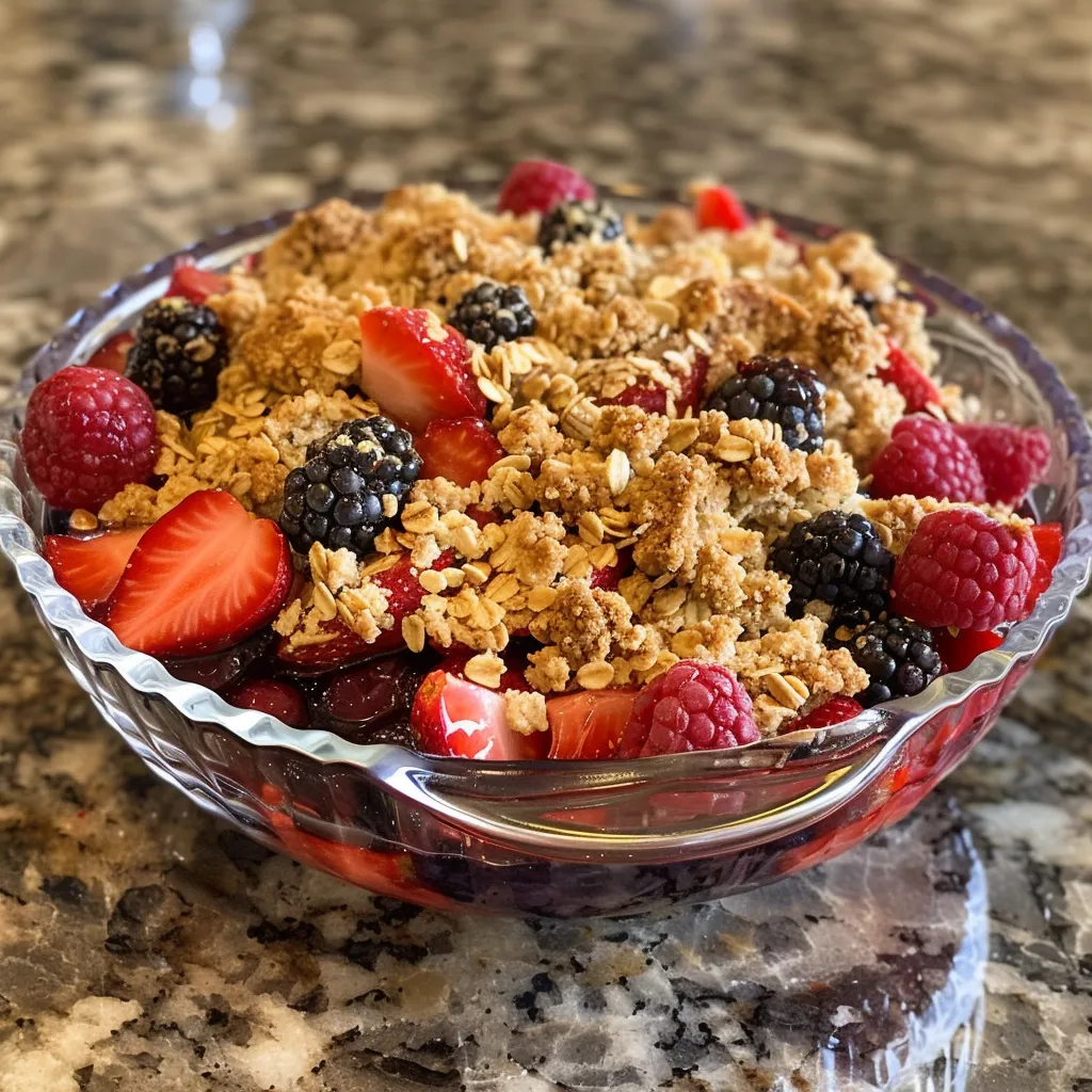 Detailed shot of a Honey Berry Crumble, highlighting the crumbly topping and fresh fruit layers.