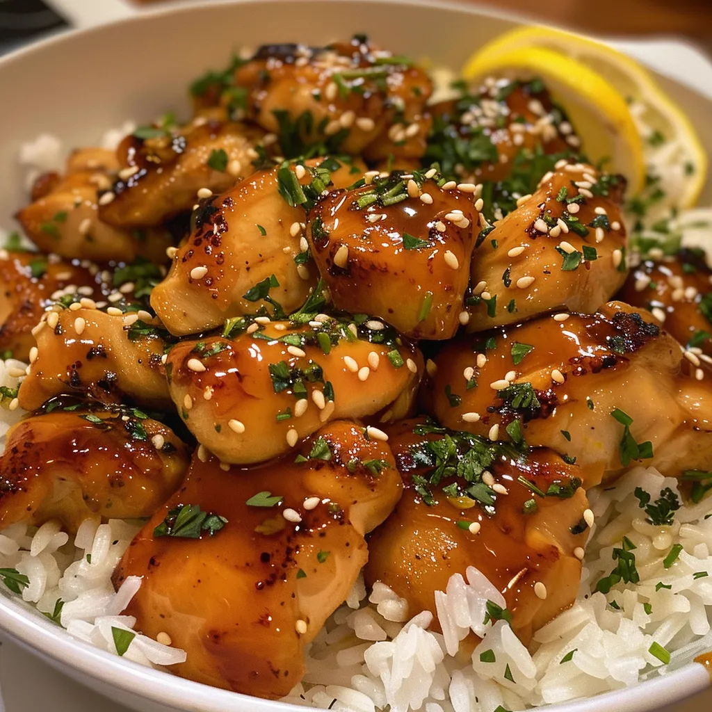 Juicy honey butter garlic chicken served over white rice with garlic and herbs.