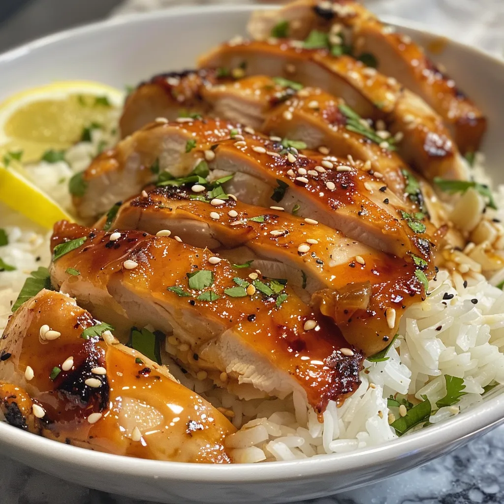 Close-up of Honey Butter Garlic Chicken garnished with parsley and lemon slices.