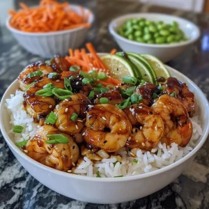 A close-up side view of a Honey Garlic Shrimp Bowl featuring cooked shrimp, edamame, carrots, and rice.