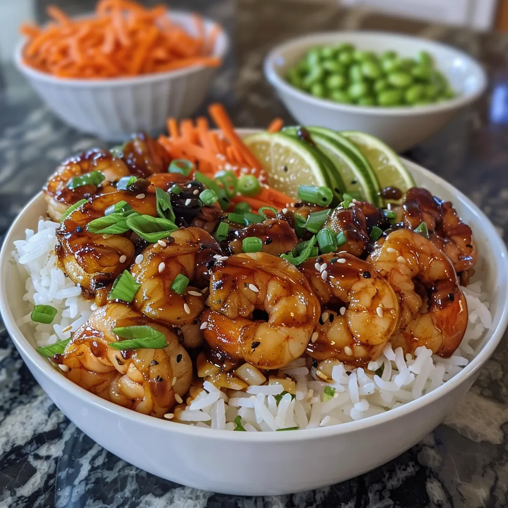 A close-up side view of a Honey Garlic Shrimp Bowl featuring cooked shrimp, edamame, carrots, and rice.