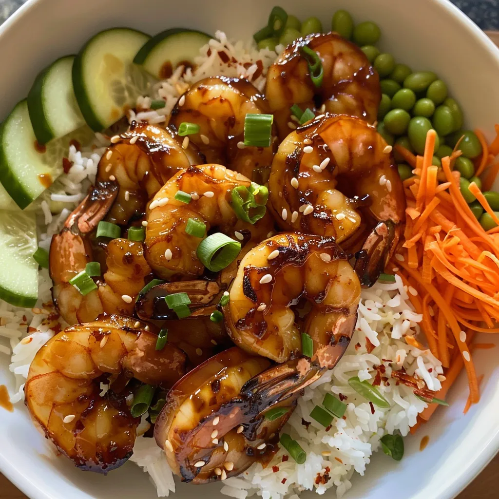 Detailed view of honey garlic shrimp served over warm rice with colorful veggies and lime wedges.
