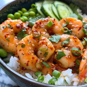 Close-up view of Honey Sriracha Shrimp on a plate, showcasing juicy shrimp coated in a glossy sauce.
