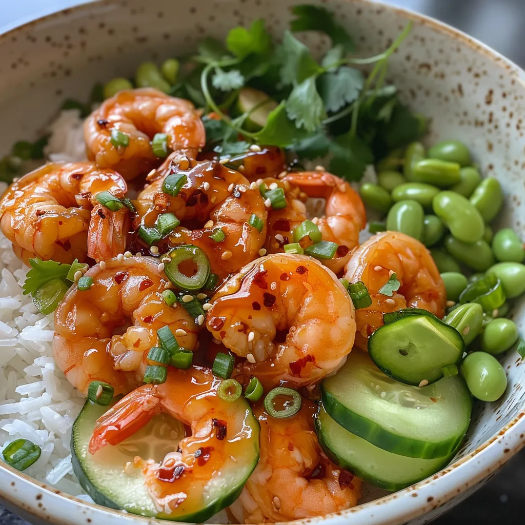 A side perspective of Honey Sriracha Shrimp, highlighting the vibrant colors of the dish with edamame and cucumber.
