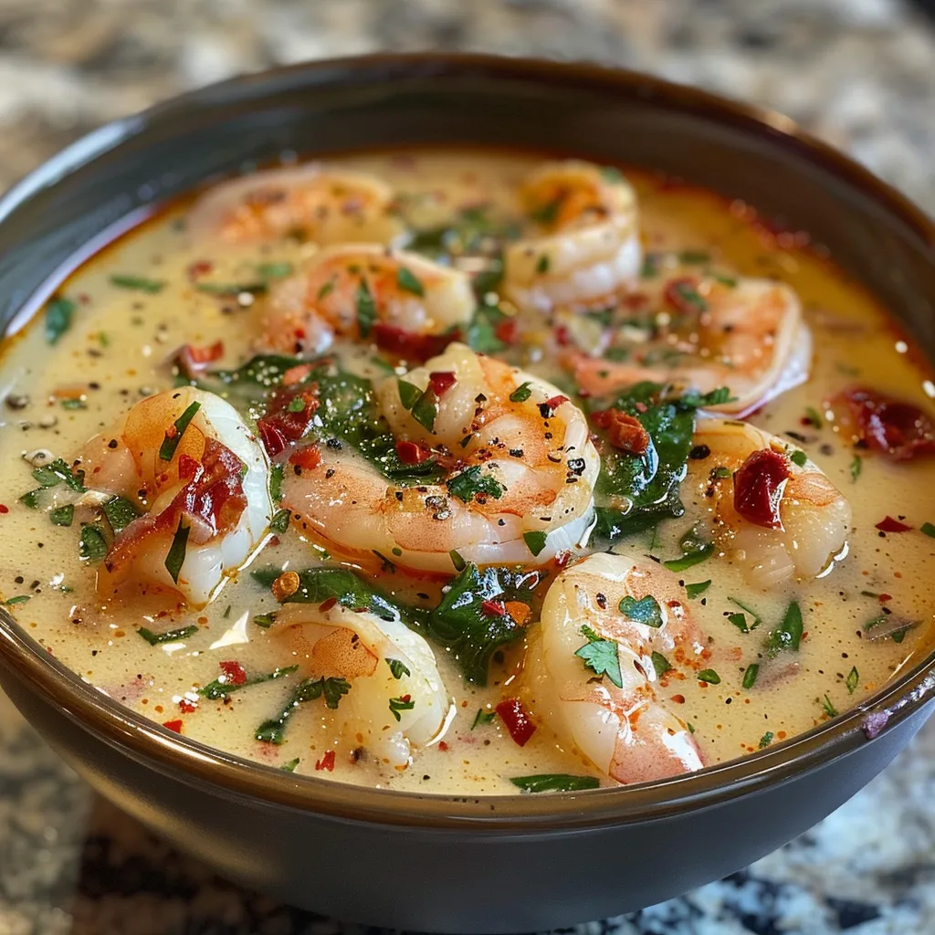 Side angle of Jalapeno Popper Soup in a bowl with visible chunks of shrimp and sun-dried tomatoes.