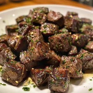 Close-up photo of juicy garlic butter steak bites garnished with parsley.