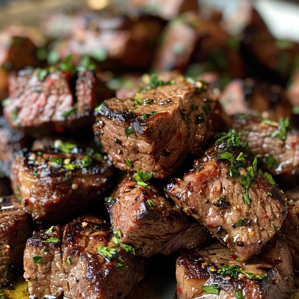 Side view of tender steak cubes glistening in garlic butter sauce.