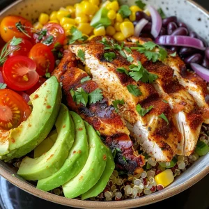 Close-up of a grilled chicken quinoa bowl with vibrant toppings.