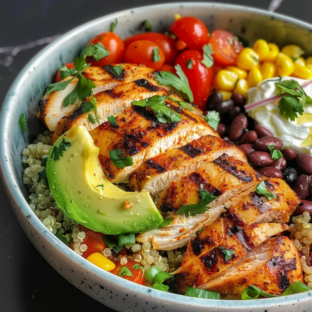 Juicy grilled chicken served over a bed of quinoa with fresh vegetables.
