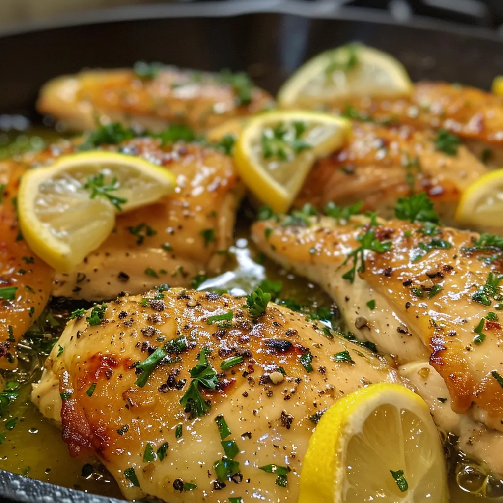 Close-up view of a delicious plate of lemon chicken, garnished with parsley and lemon slices.