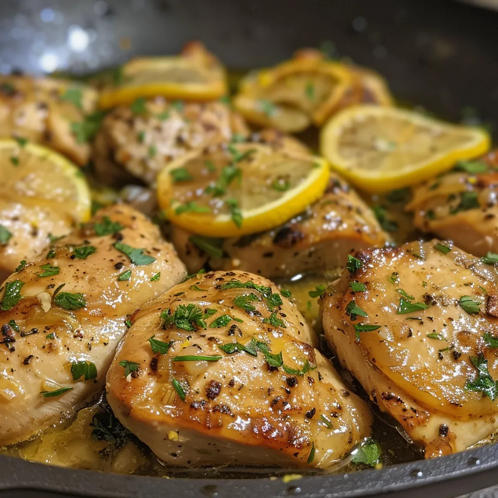 Juicy lemon chicken served on a white plate, featuring a glistening sauce and fresh herbs.