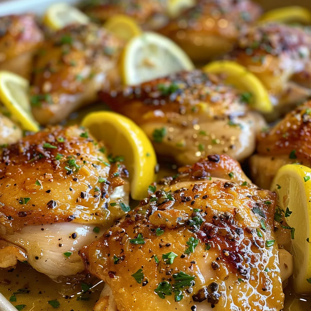 Close-up view of a juicy lemon chicken dish garnished with lemon slices and parsley.