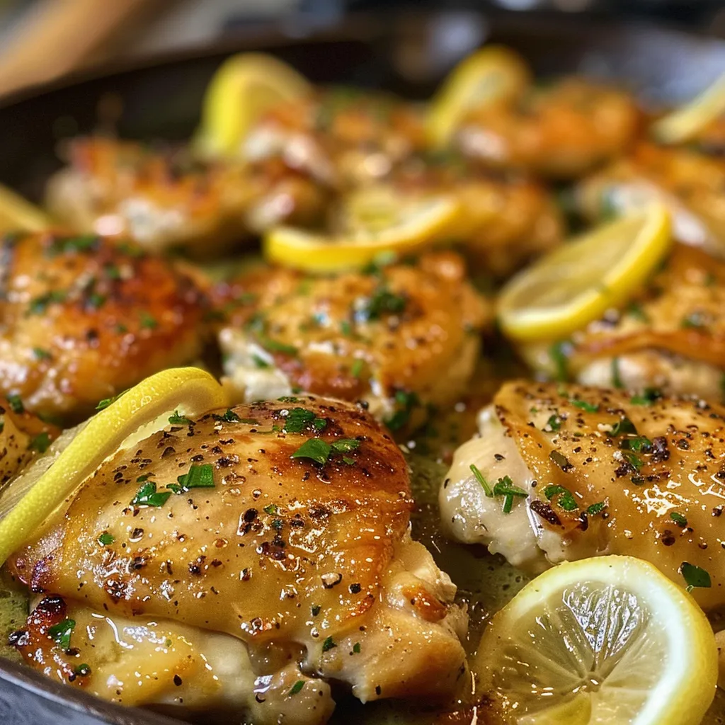 Side view of cooked lemon chicken thighs, glistening with sauce and herbs.