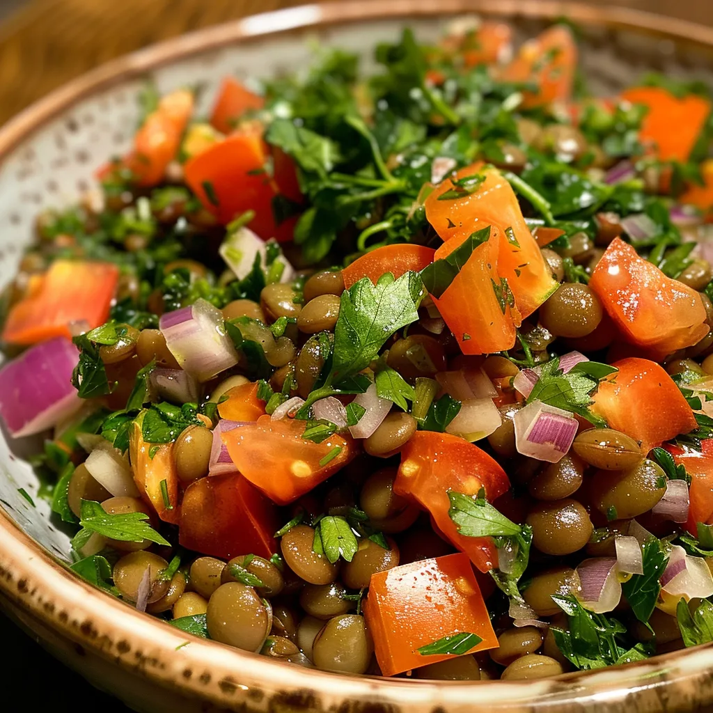 A vibrant lentil salad with fresh herbs in a bowl.