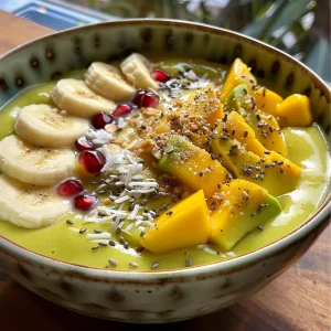 Close-up of a mango avocado smoothie bowl decorated with sliced fruits and granola.