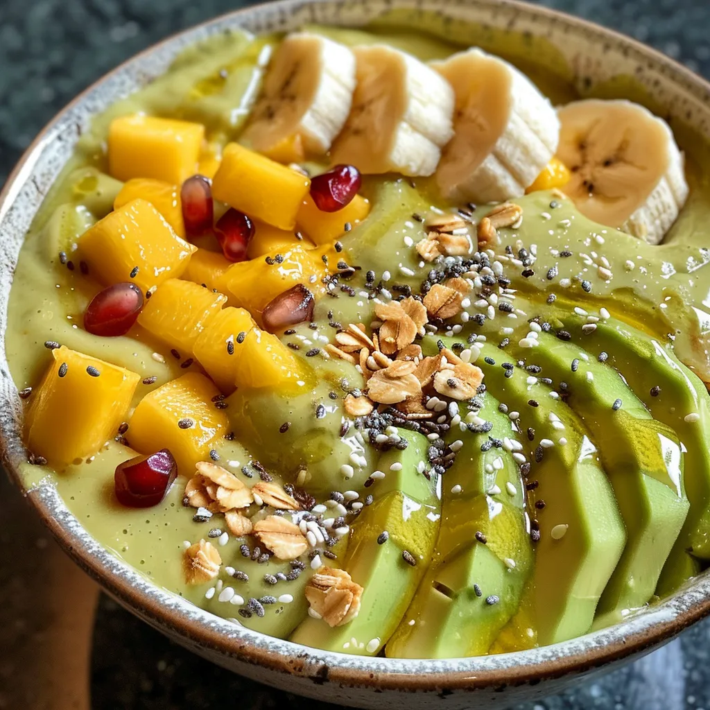 Side view of a vibrant mango avocado smoothie bowl topped with pomegranate seeds and coconut.