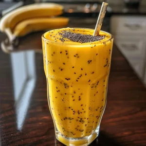 Close-up view of a mango banana smoothie in a glass with a straw.