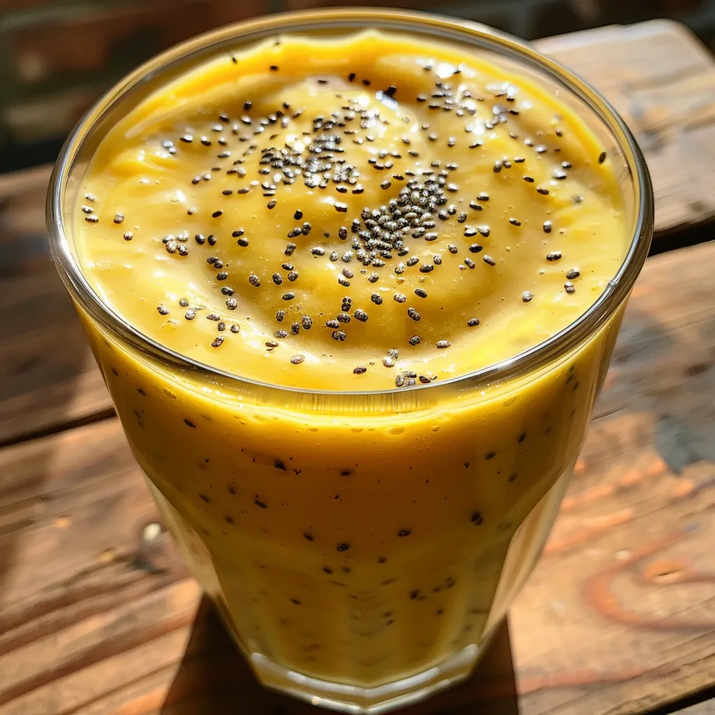 Side view of a creamy mango banana smoothie with fresh fruit visible.