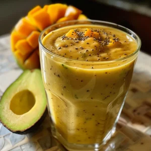 Close-up of a vibrant mango, coconut, and avocado smoothie in a glass.