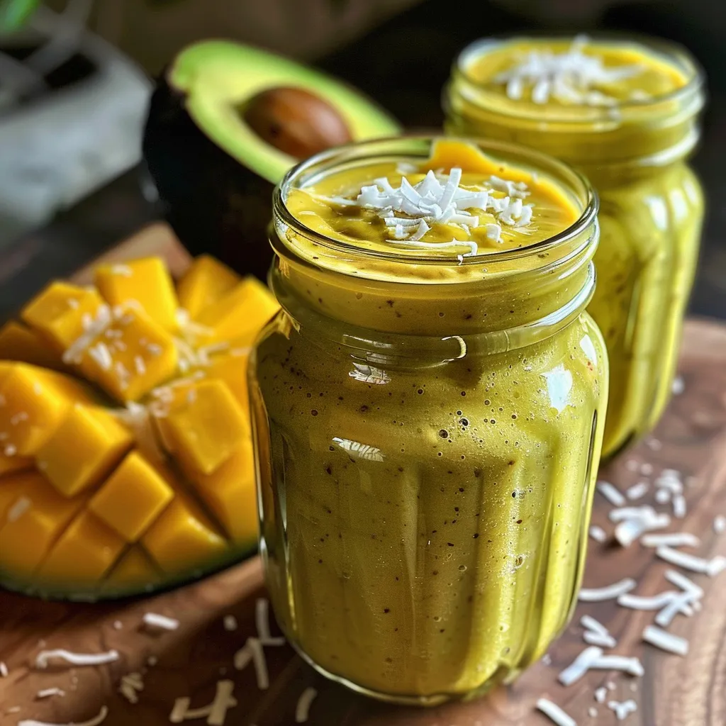 A creamy smoothie made with mango, avocado, and coconut milk, viewed from the side.