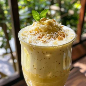 Close-up view of a mango coconut float milkshake in a tall glass with tropical garnishes.