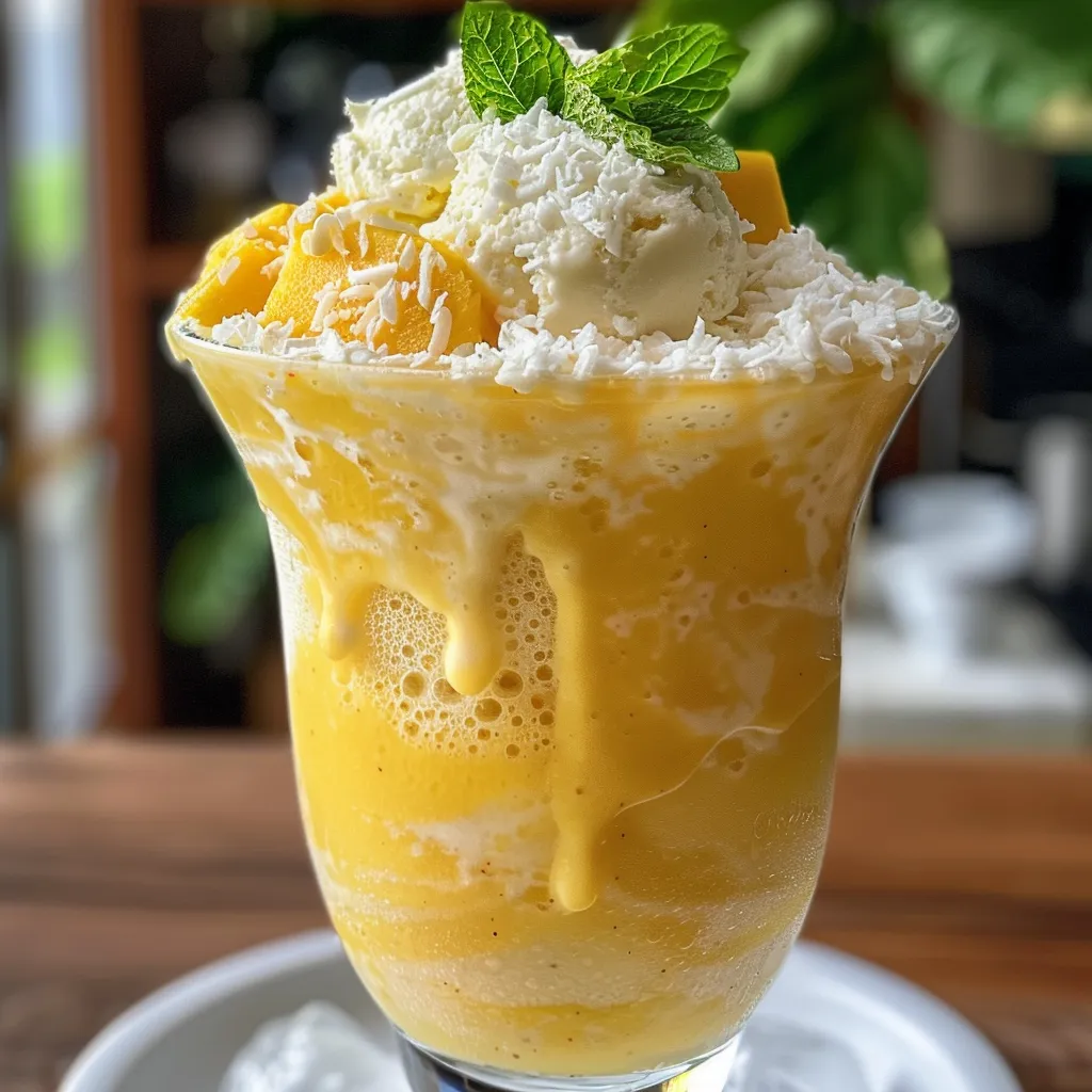Side angle of a creamy mango coconut milkshake topped with coconut flakes and mint leaves.