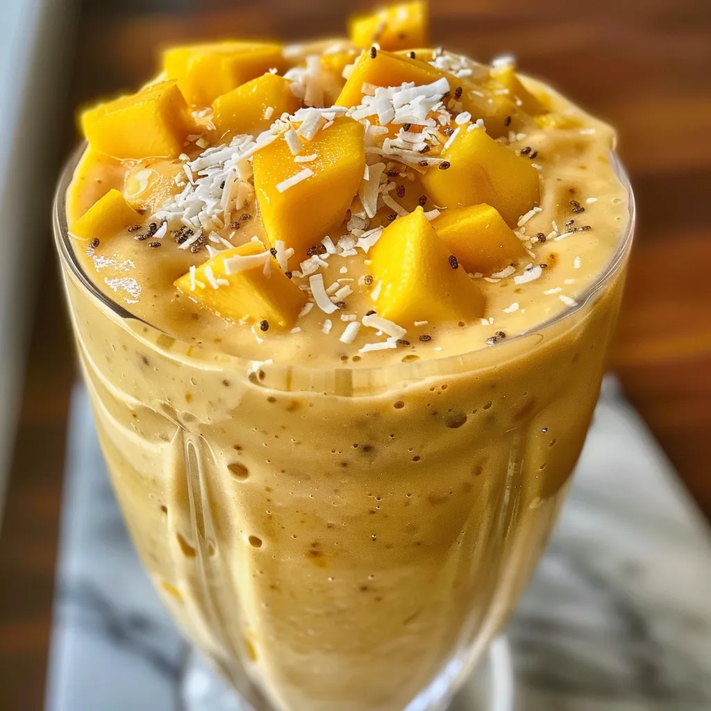 Close-up of a vibrant mango coconut protein smoothie in a glass, with fresh mango slices on top.