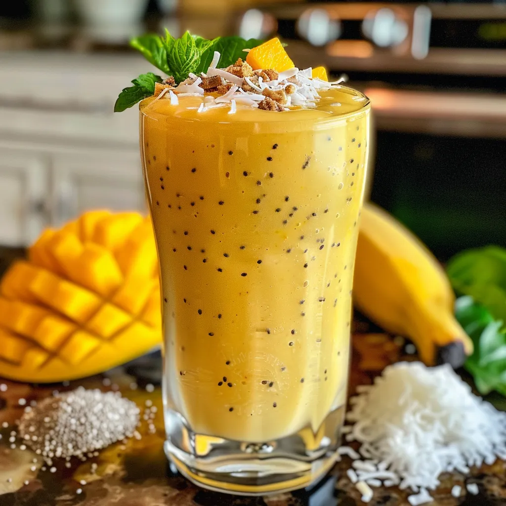 Side view of a creamy mango coconut smoothie, showcasing its colorful layers and toppings.