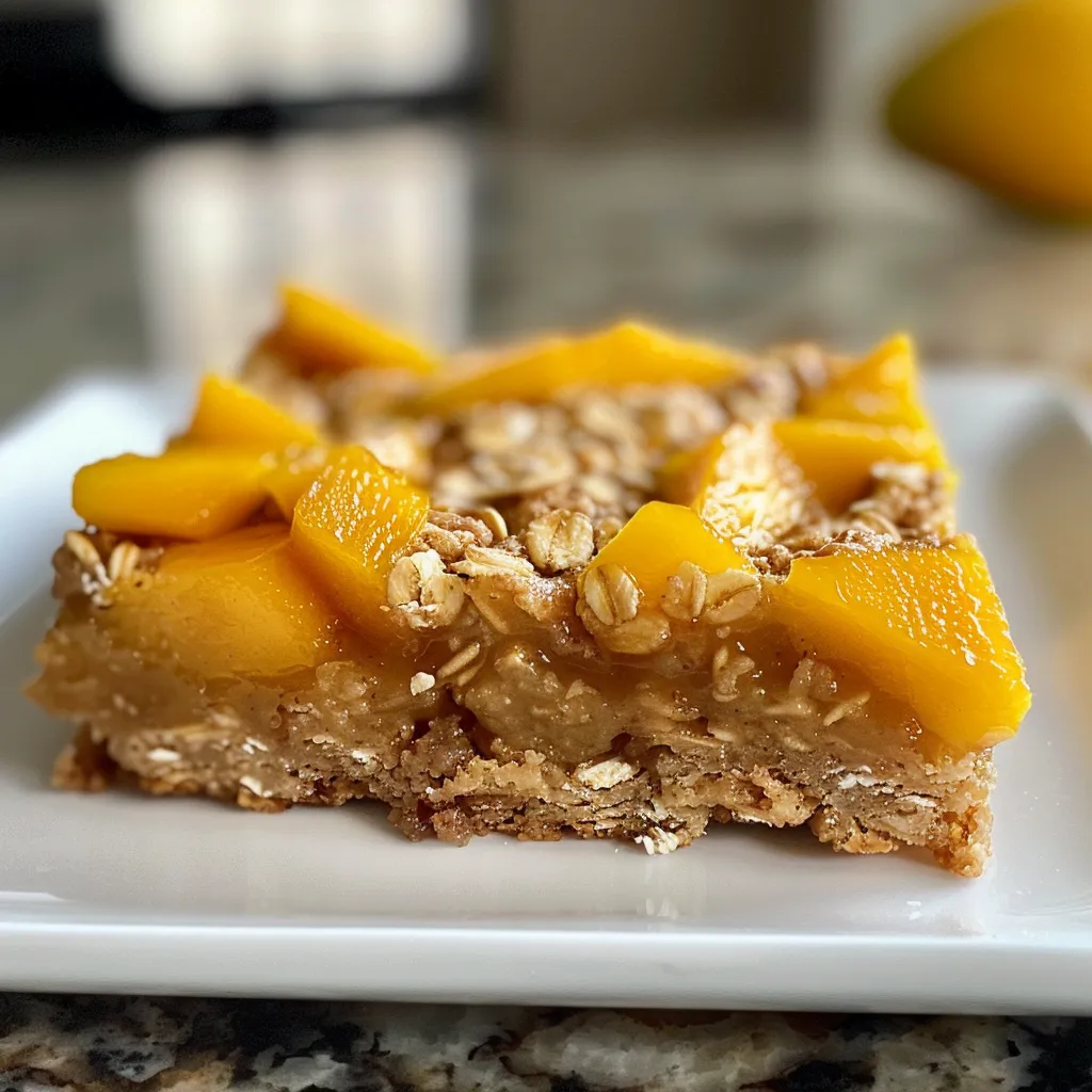 Detailed shot of mango oatmeal bars revealing a rich buttery crust and scattered fruity pieces.