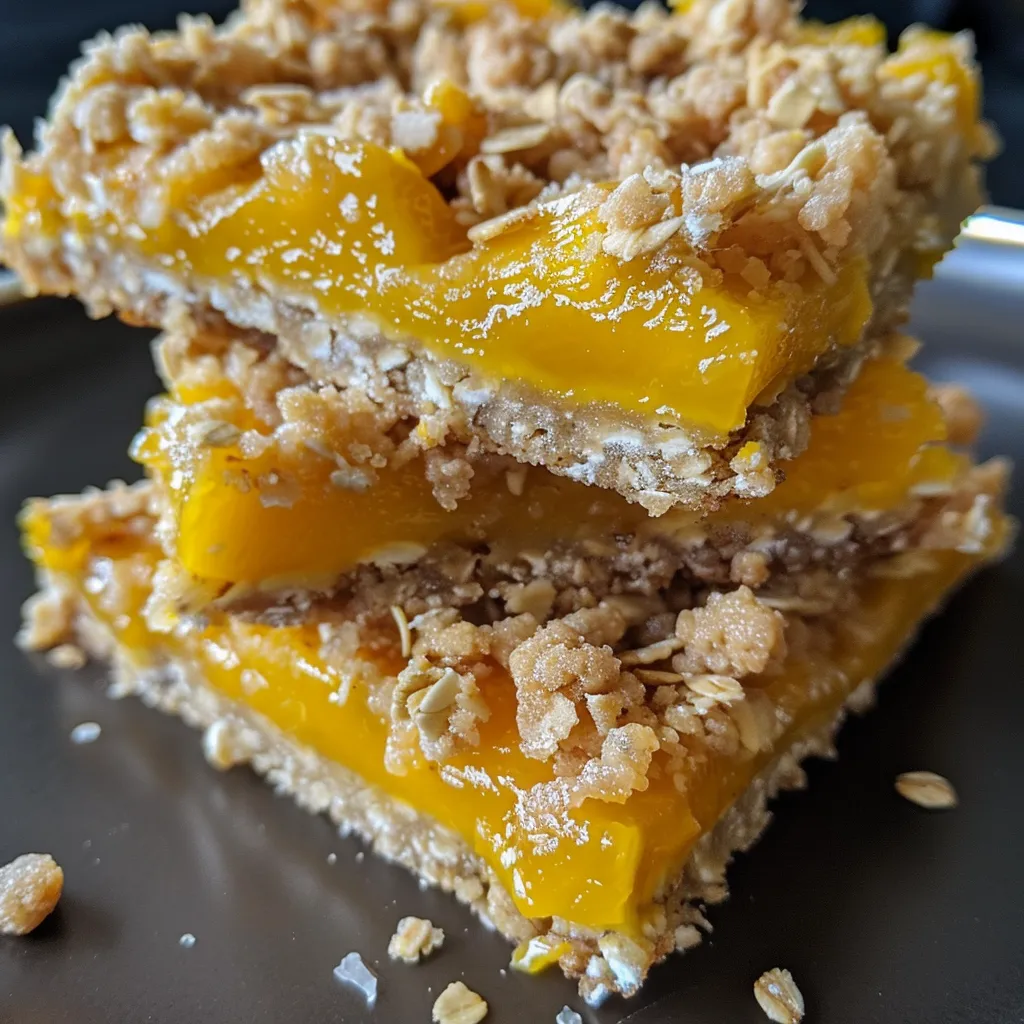 Juicy mango filling peeking through a crumbly oat topping in a bar format.