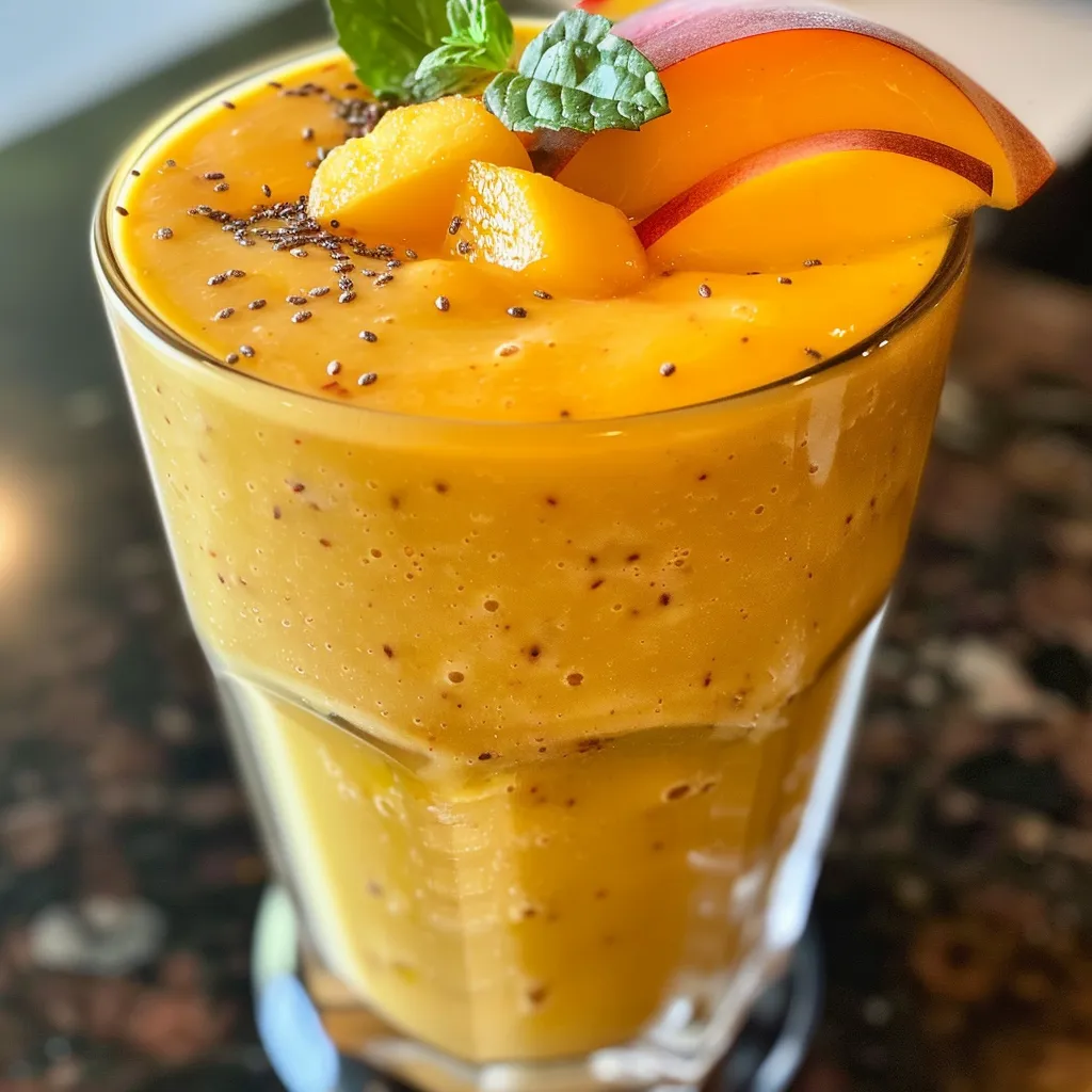 A close-up view of a vibrant mango peach smoothie in a clear glass with ice cubes.