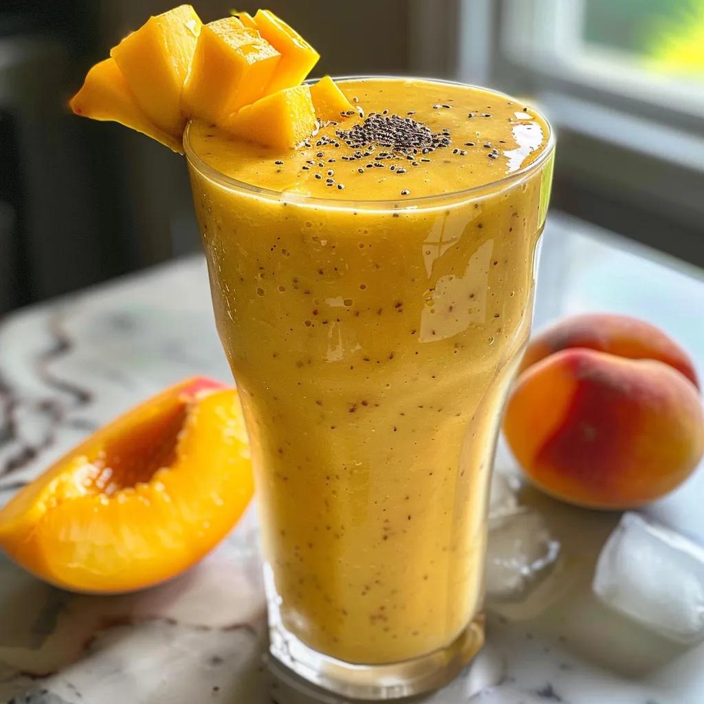 Side view of a refreshing mango peach smoothie topped with a slice of peach.